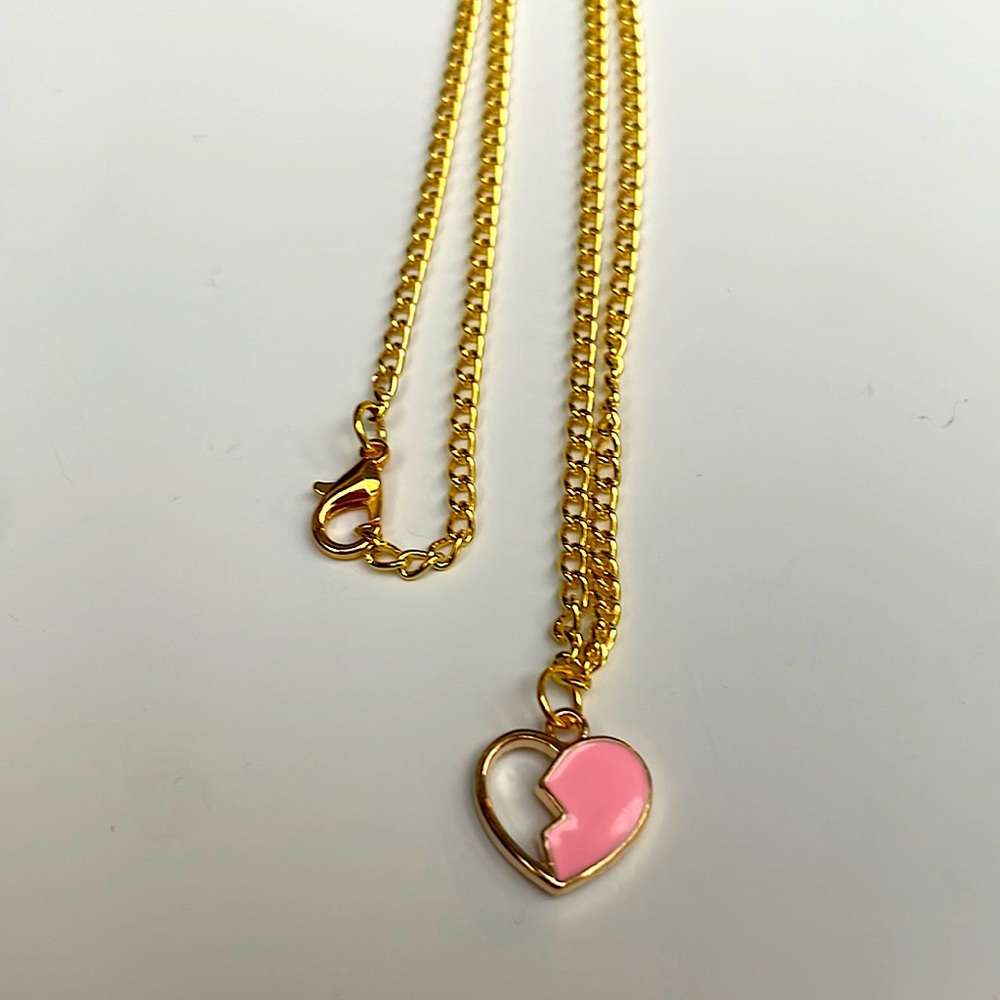 Pink broken heart charm necklace: gold color metal chain